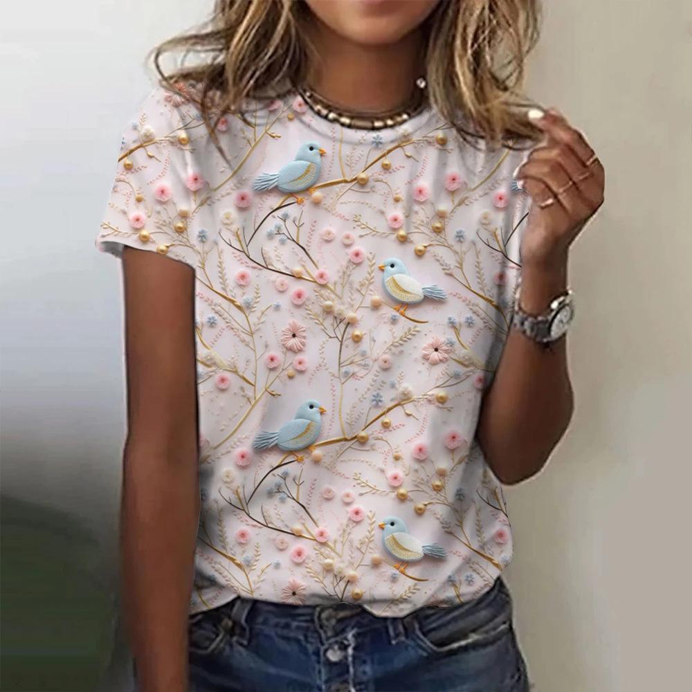 New Colorful Floral T-shirt, 3D Floral Print, Women's Summer Round Neck Short Sleeved T-shirt, Harajuku Y2K T-shirt, T-shirt, Women's Clothing