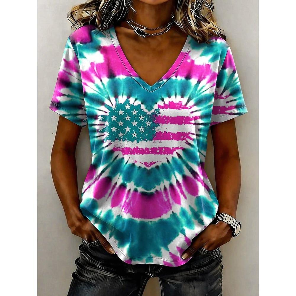 American Independence Day Women's T Shirt Print Graphic Flag Tie Dye Stylish Classic Casual Short Sleeve V Neck Regular Tops