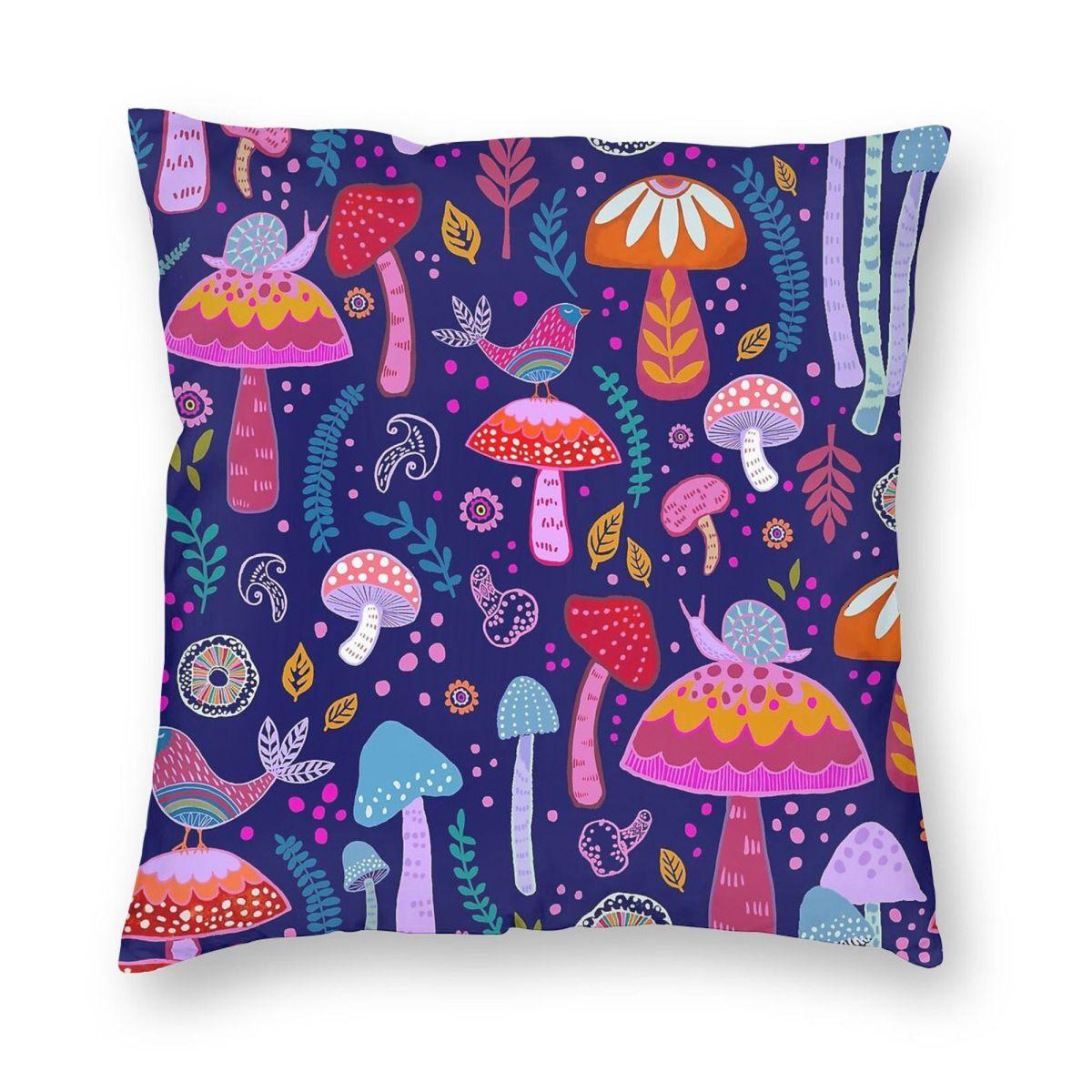 

Magical Mushrooms On Navy Square Pillowcase Polyester Linen Velvet Pattern Zip Decor Throw Pillow Case Room Cushion Case 30x30cm 12x12in