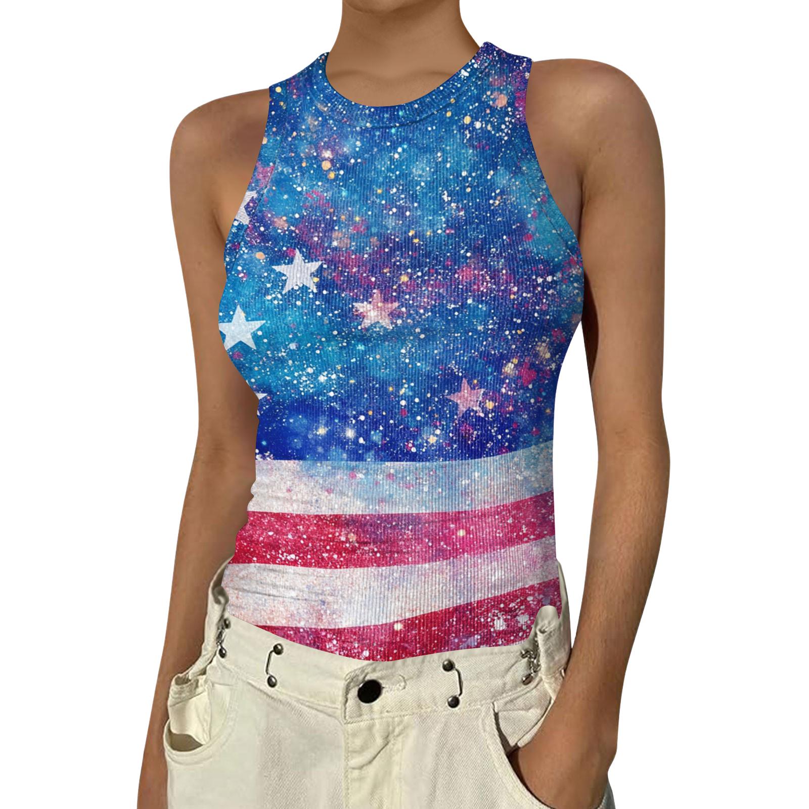 

Women s Fashion Round Neck Independence Day Print Sleeveless Vest Top M