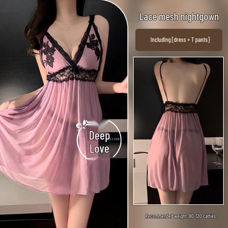 Кружевной фиолетовый соблазнительный ночной халат-майка без спинки для женщин One Size