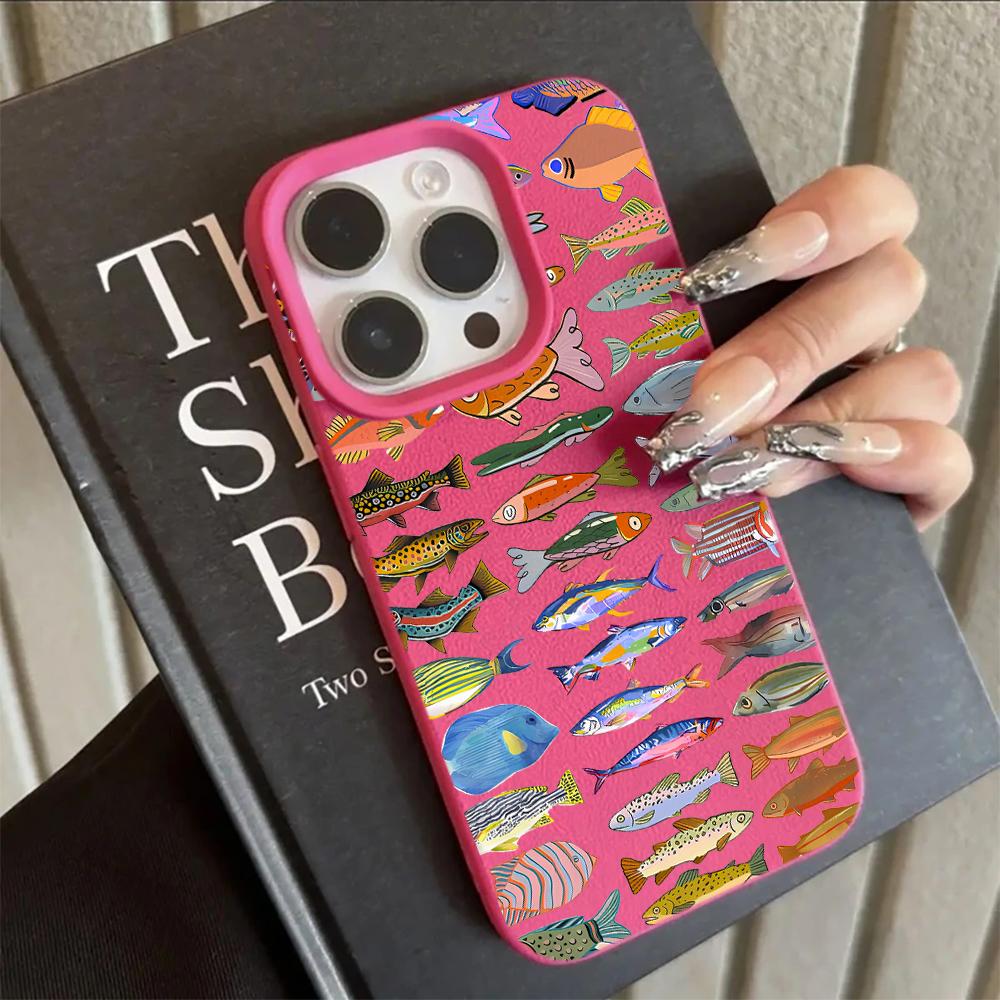 Cute Fish School Pattern Lychee Soft Phone Case For iPhone 17 16 15 14 13 12 11 Pro Max Air 15 16 Plus X XR XS Shockproof Cover