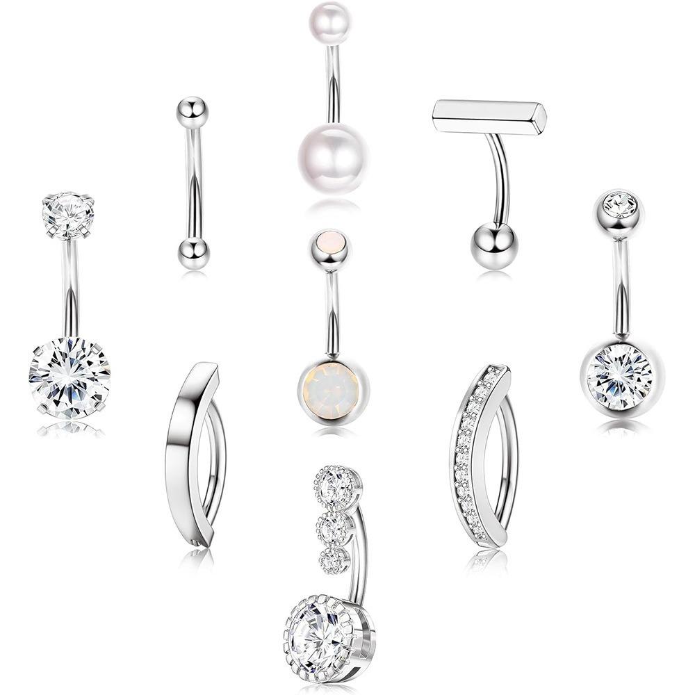 9pcs Set Trendy Classic Arc Double Head Shiny Round Zircon Navel Ring for Women Men Stainless Steel Piercing Body Jewelry Sets