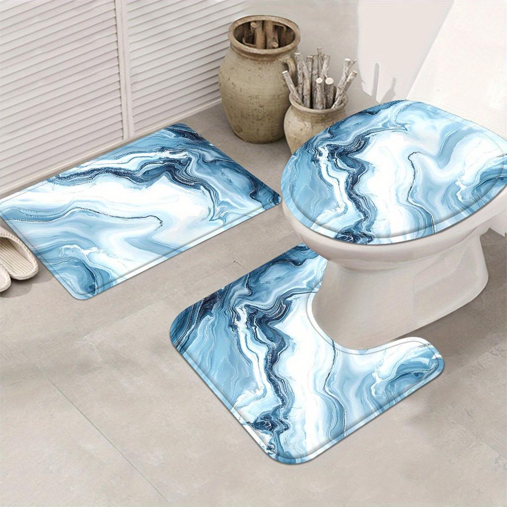 4Pcs Luxurious Blue Marble Shower Curtain Set with Non-Slip Bath Mat, Toilet Lid Cover, Contour Rug & 12 Hooks, Bathroom Decor
