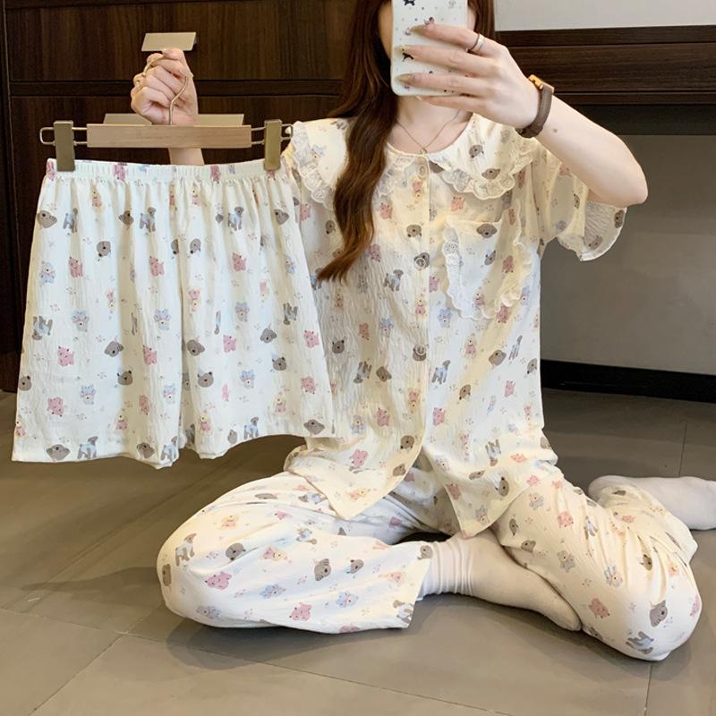 Japanese Style Lace Doll Collar Cartoon Short-Sleeved Pajamas Women'S Summer Cloud Cotton Three-Piece Loungewear
