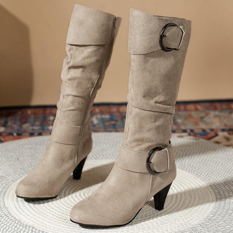 Side Zip Block Heel Heels New Pointed Toe Scrub Fleece Belt Buckle Non-Slip Wear-Resistant Knee Boots