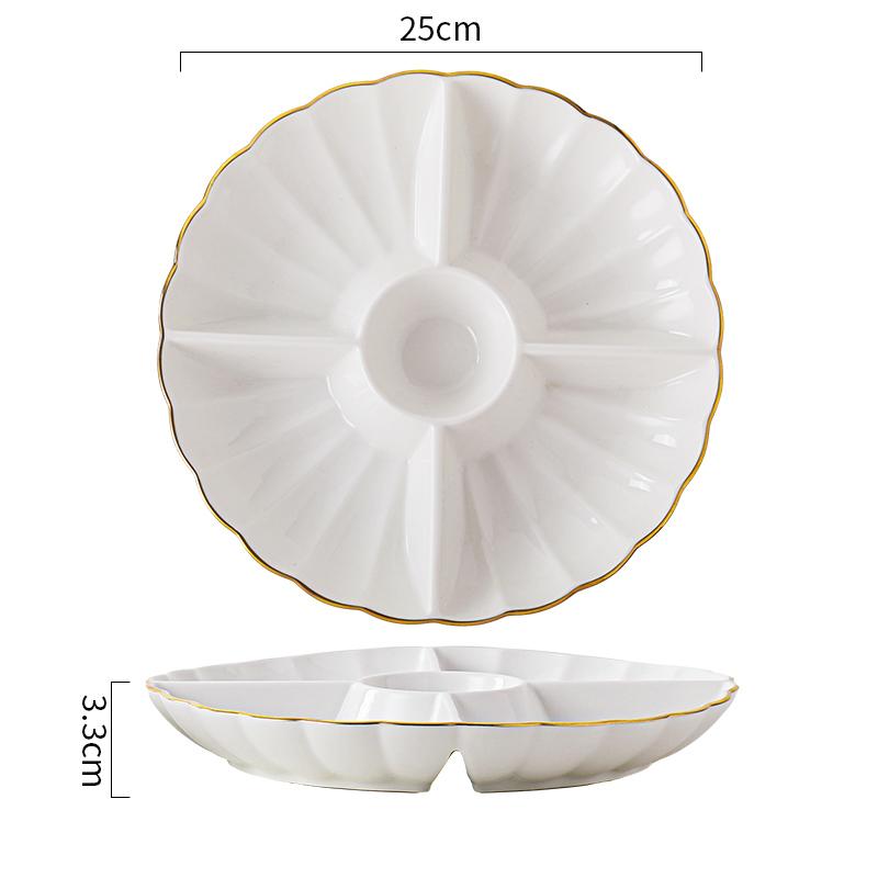 10inch Gold-rimmed Ceramic Hot Pot Divided Plate Household White Dried Fruit Snack Plate Hotel Simple Tableware