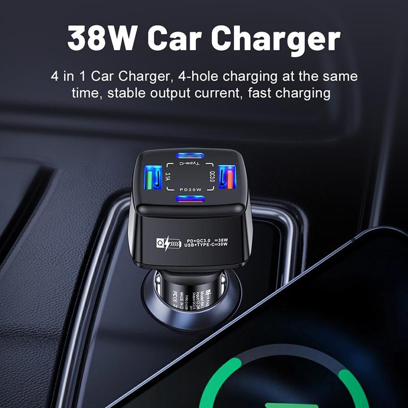 38W Car Charger 2 Usb 2 Pd Type C Fast Charging 3.1A Phone Charge Qc 3.0 Quick Charger Adapter For Iphone 16 15 Laptops Tablets