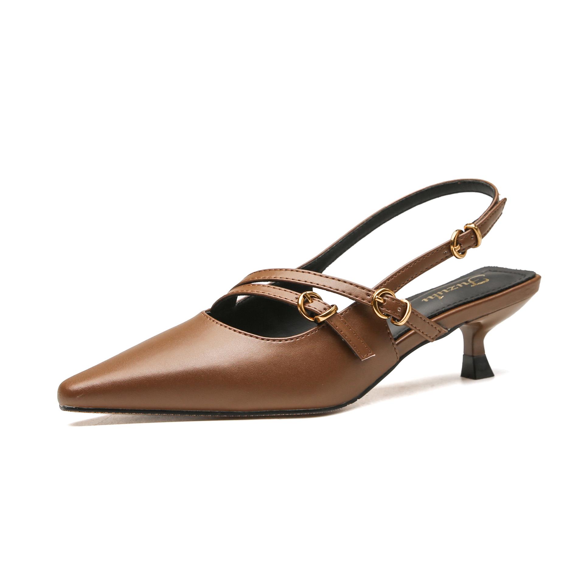 

2025 spring and summer pointed microfiber simple shoes one-word buckle bag head empty sandals high-heeled sandals women s first-hand supply 40 коричневый