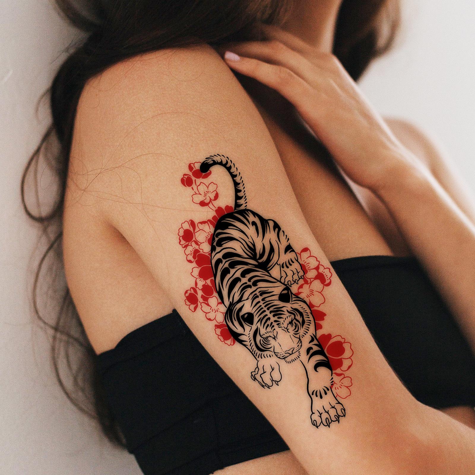 Glow Makeup Unisex New Traditional Cherry Blossom Tiger Tattoo Patch Waterproof And Long-Lasting Women's Big Arm High-End Simulation Tattoo