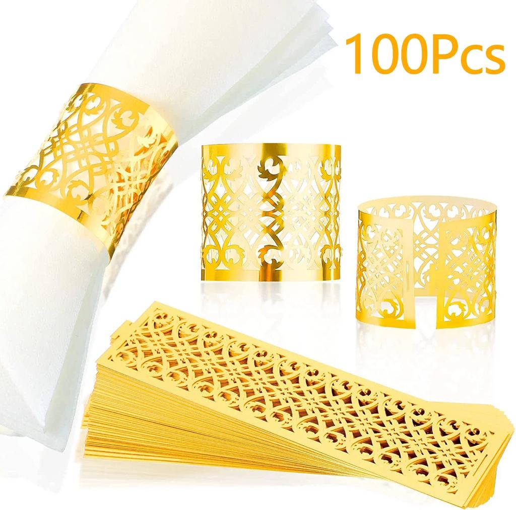 100/50Pcs Napkin Ring Hollow Pattern Gold And Silver Napkin Ring Wedding Party Table Decoration Supplies Wedding Decoration