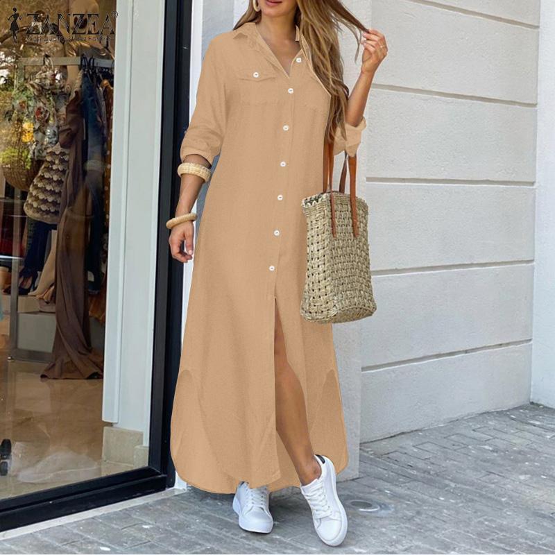 ZANZEA Women Casual Turn Down Collar Long Sleeve Vintage Long Shirt Dress