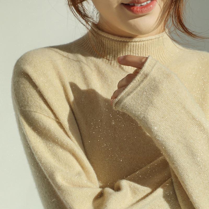 Gold & Silver Thread Half-High Collar 100% Pure Wool Sweater: Loose, Soft Red New Year Knitwear