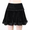 Women Gothic Velvet Mini Skirt High Waist Cross Embroidery Lace Ruffled Hem Short Skirt Winter Streetwear