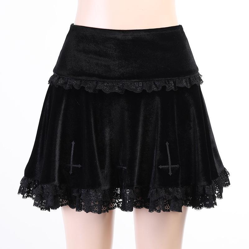 Women Gothic Velvet Mini Skirt High Waist Cross Embroidery Lace Ruffled Hem Short Skirt Winter Streetwear