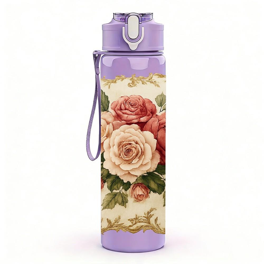 1PC Vintage Rose Floral Pillow 750ml Color Plastic Sports Water Bottle Leakproof Flip Straw Lid Suitable for Sports Office Home Use