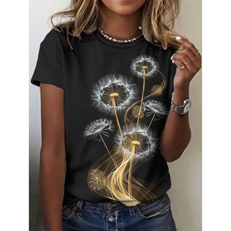3D Printed Dandelion Pattern Women s T-shirt Summer Breathable Fashion Casual Versatile XS
