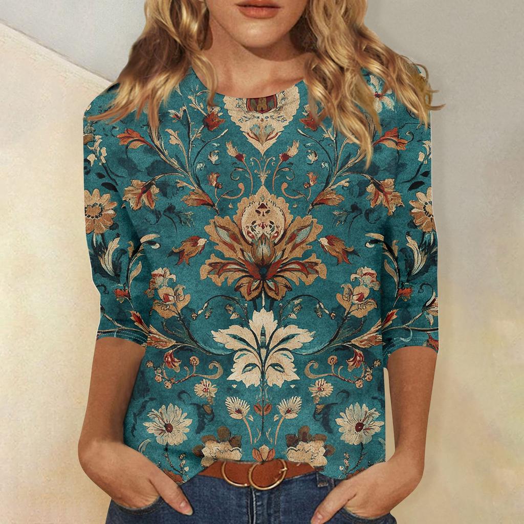 Women's Fashion Casual Seven Sleeve Vintage Printed Round Neck T-Shirt Top
