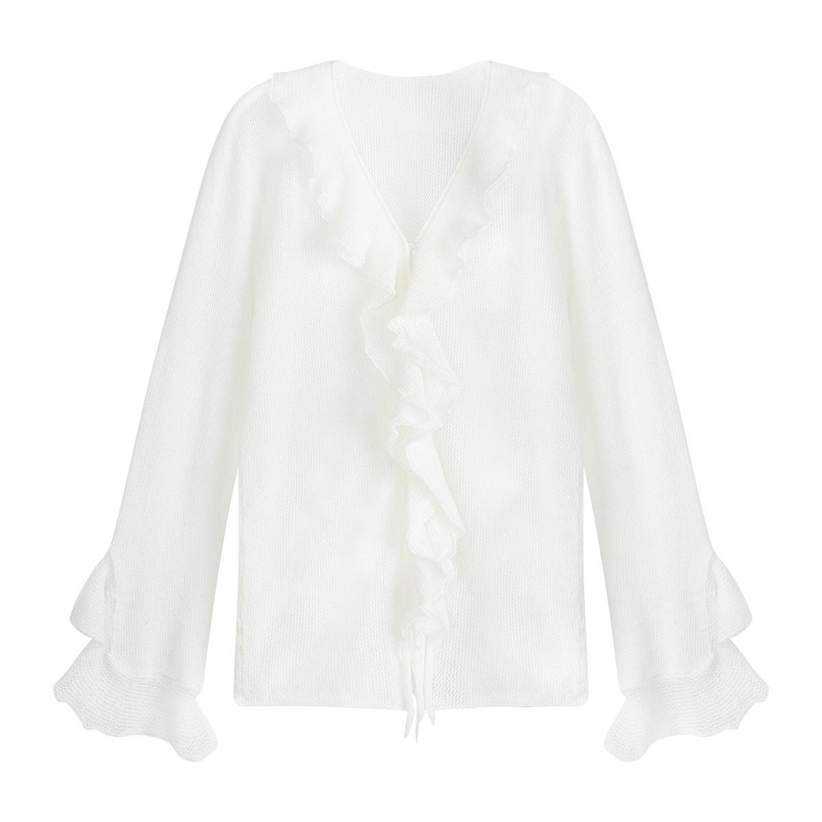 

Women’s Wool Blend Ruffle Cardigan – Lightweight Fall Knitwear with Petal Edges, Flared Sleeves, Slim Fit S белый