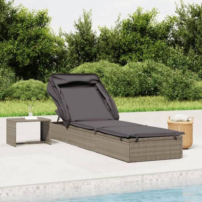 VidaXL Transat avec toit pliable gris 213x63x97 cm résine tressée, chaise longue, chaise longue d'extérieur, lit de salon, 319639