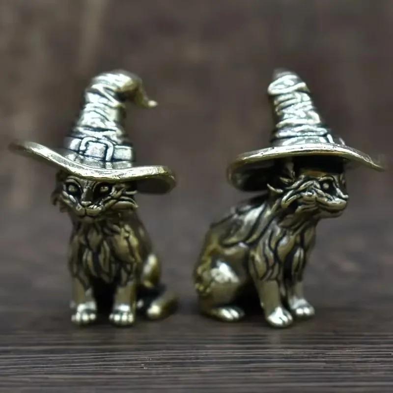 Table Ornament Office Gift  -  Antique Copper Brass Cat Figurine - Cute Childish Sorcerer Kitten Statue