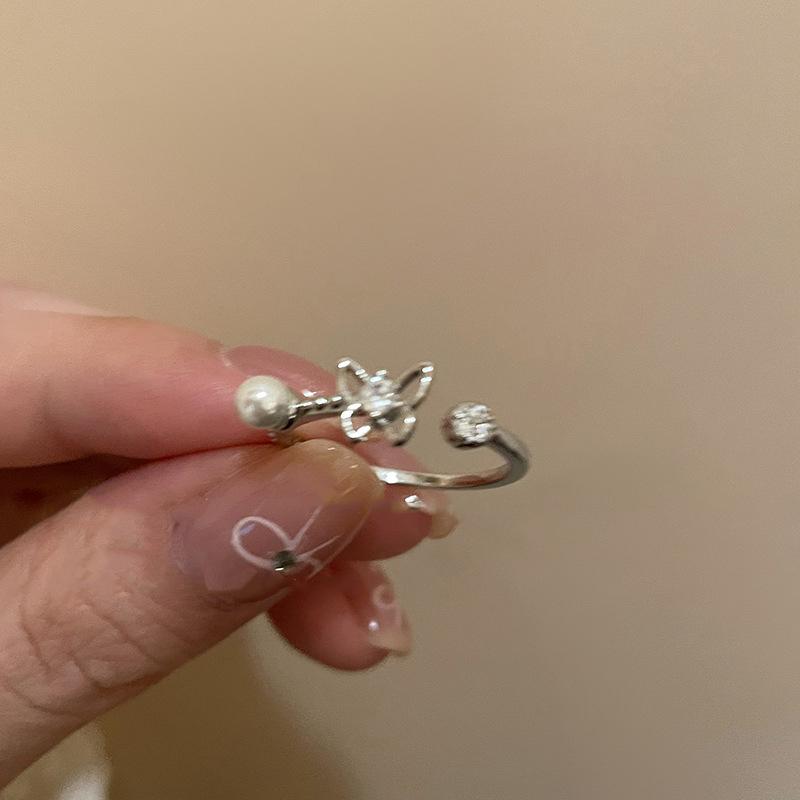 Fashionable Butterfly Zircon Open Ring Imitation Pearl Trendy Luxury Girl Finger Ring New Design Exquisite Ring Women s Jewelry