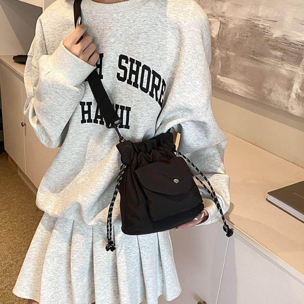 Oxford Shoulder Bag with Pocket Commute Drawstring Bag Simple Crossbody Bag  Girls