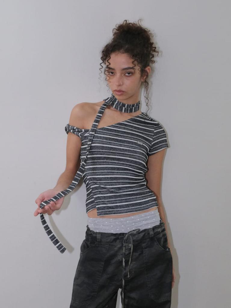 ORDINARY HOLIDAY Scarf Unbalance Sleeveless Top [Gray]