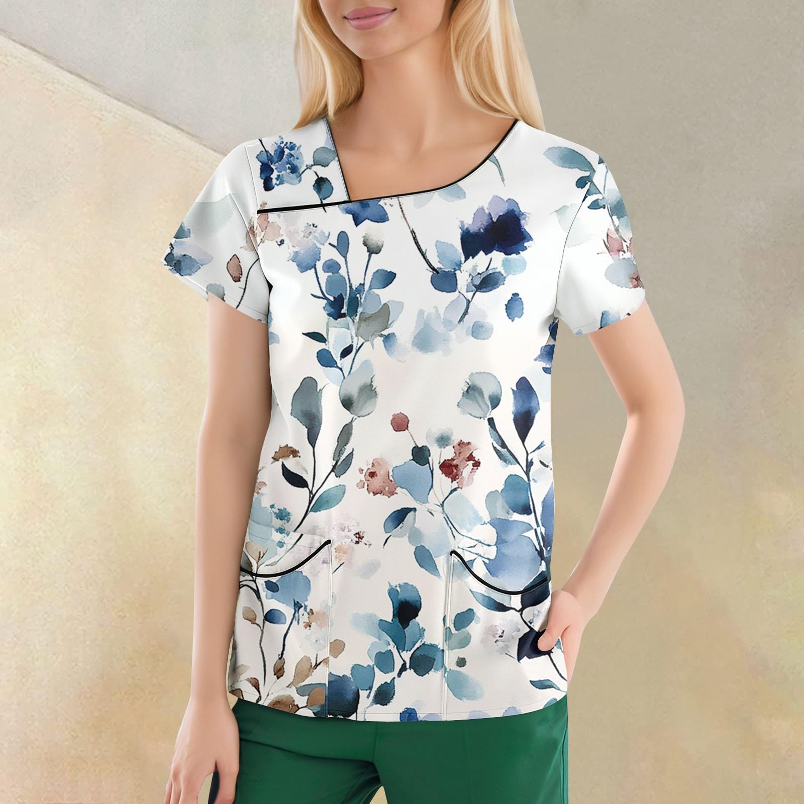 

Women s Casual Print Short Sleeve Sloping Collar Workwear Top With Double Pockets XL білий