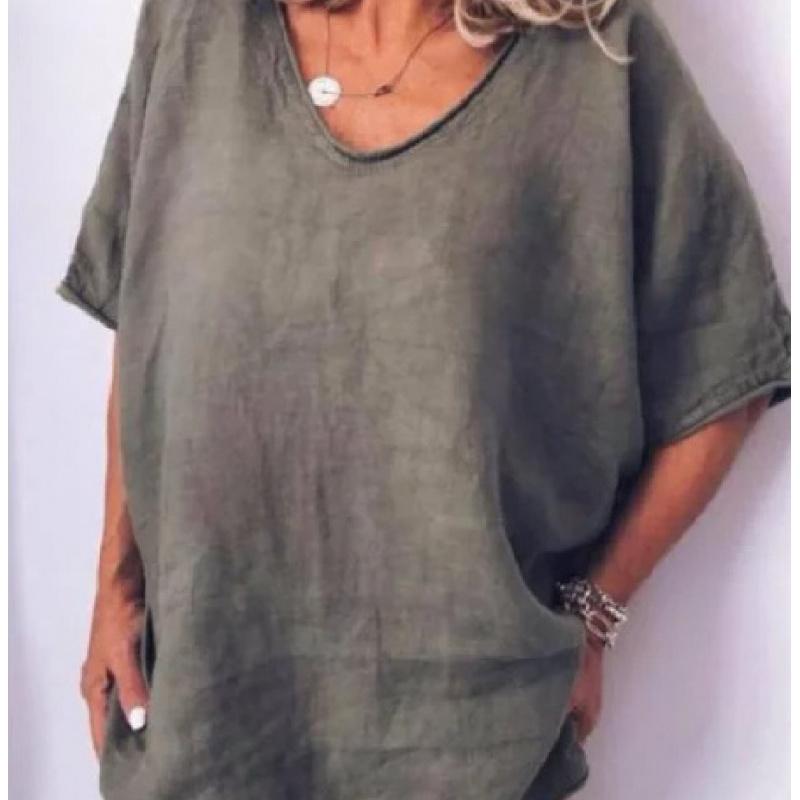 Women'S Fashion Short Sleeve Cotton And Linen Loose Casual Solid Color Top
