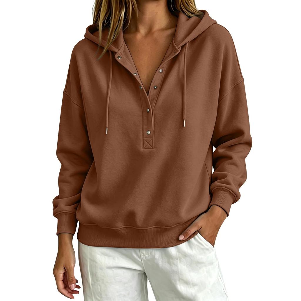 Women's Casual Button Front Hoodie Loose Fit Color Sweatshirt