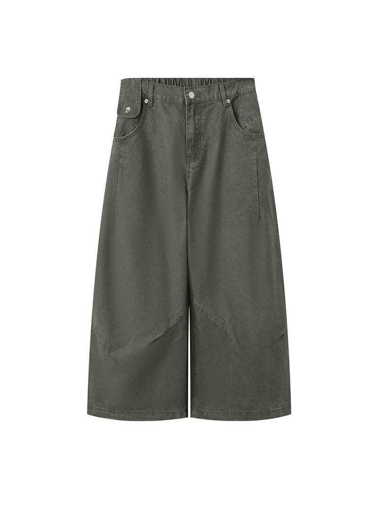 Xu Man Damen Frühling Koreanischer Arbeitskleidungsstil Halbelastischer Bund Laternen-Cropped-Hose