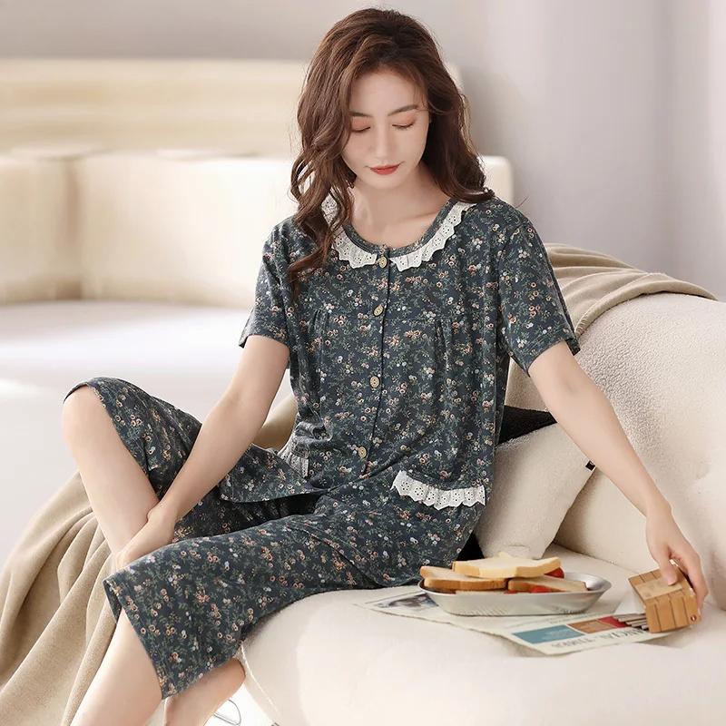 Summer Cotton Capris Pajamas Set Floral Print Pajama for Women Leisure Pyjamas Soft Lapel Pijamas