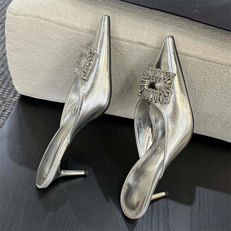 Fashion Eilyken Spring Women Slippers Crystal Buckle Thin Heels Pointed Toe Mule Shoes Fashion Party Zapatos De Mujeres