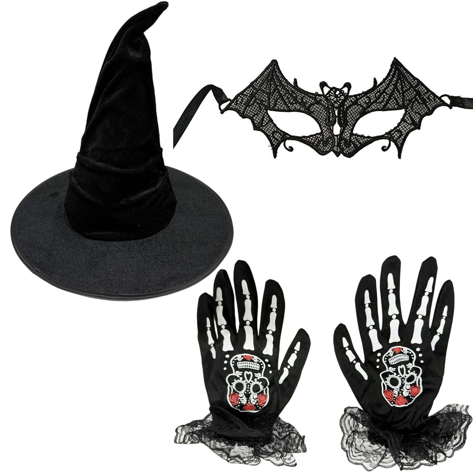 3pcs Black Witch Costume Set for Halloween, Witch Hat, Lace Mask & Gloves, Gothic Ghost Bride Magician Cosplay Outfit Accessories