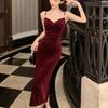 Velvet Dress Women's Morning Inside Temperament Socialite Medium and Long Suspender Skirt Pleated Waist Hip Skirt