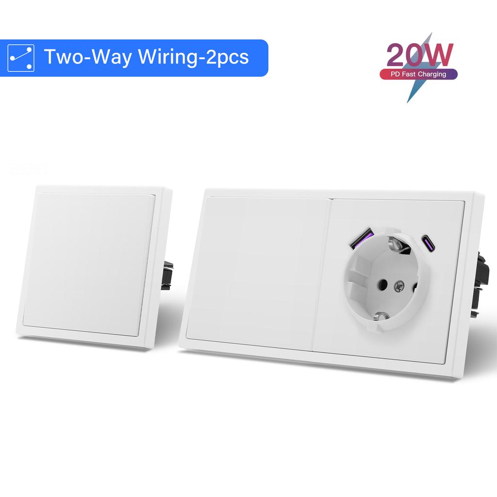 BSEED 1/2Gang Wall Light Switches 2Way Control For Stairs Bedroom With EU Standard Power Socket USB Type-c Plastic Frames 2Pack