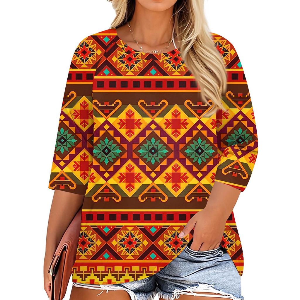 T-shirt Casual da Donna con Stampa, Girocollo, Manica 3/4