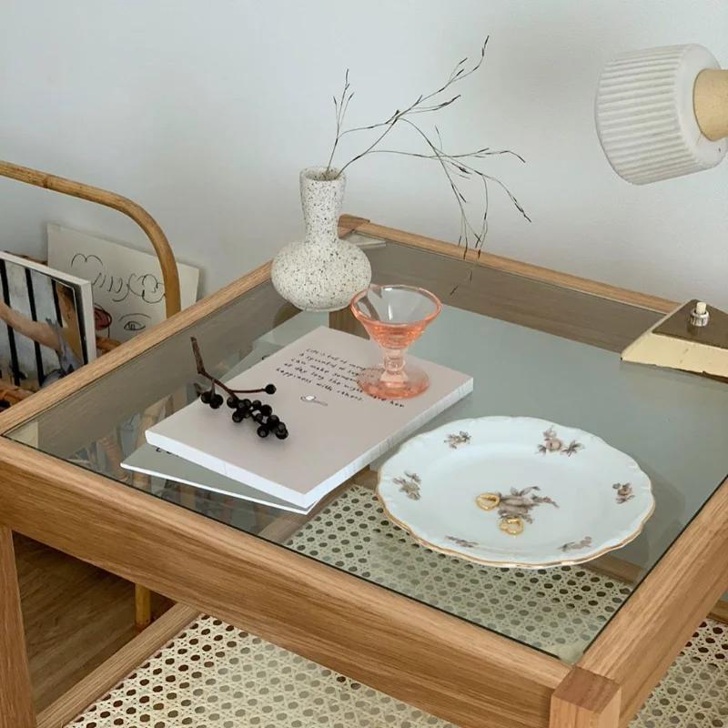 Couchtisch, Massivholz-Beistelltisch, quadratischer Korbtisch, kleiner japanischer Teetisch, quadratischer Glasschrank, koreanische Nachttische