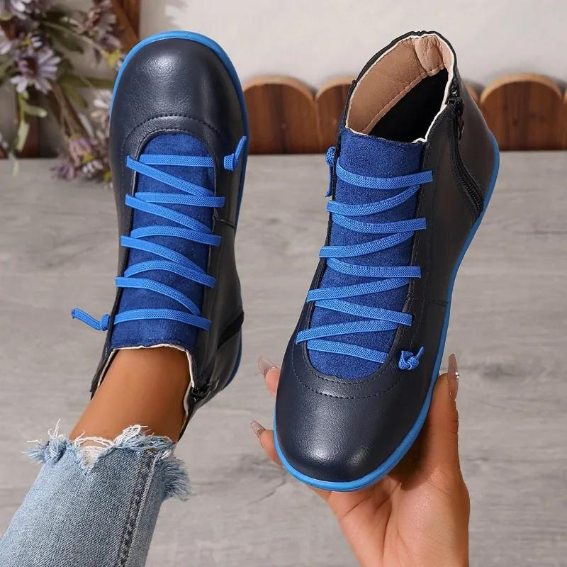 Fashion 2025 Women's Shoes Toe Side Zipper Shoe Lace Casual Low Heel Shoes Ankle Boots High Quality Luxury Designer Zapatos De Mujer