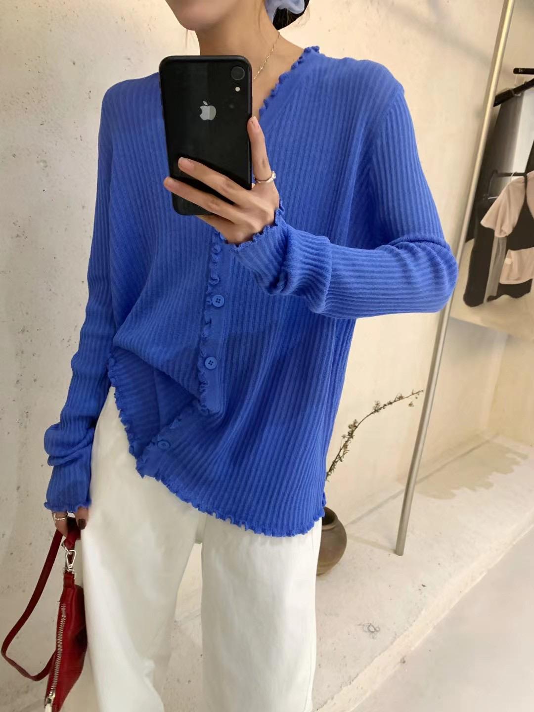 

Женский кардиган большого размера с корейским V-образным вырезом и оборками - Большой, Летний стиль, Свободный крой, Вязаный для защиты от солнца One Size