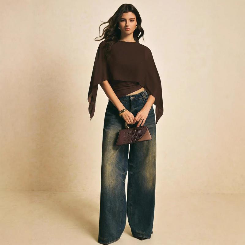2026 Women's Cape Sleeve T-Shirt Slim Fit Round Neck Chiffon Blouse Elegant Asymmetrical Top