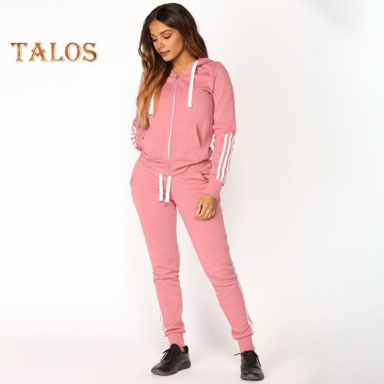 2 Pcs/Set Women Hoodie Pants Suit Hooded Long Sleeves Solid Color Zip-up Coat Elastic High Waist Ankle-banded Trousers Sport Fall Winter Tracksuit