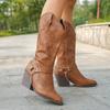 2025 Spring Retro Cowboy Boots Women Mid Calf Western Boots Woman Pu Leather Knight Booties Big Size Point Toe Waterproof Boots