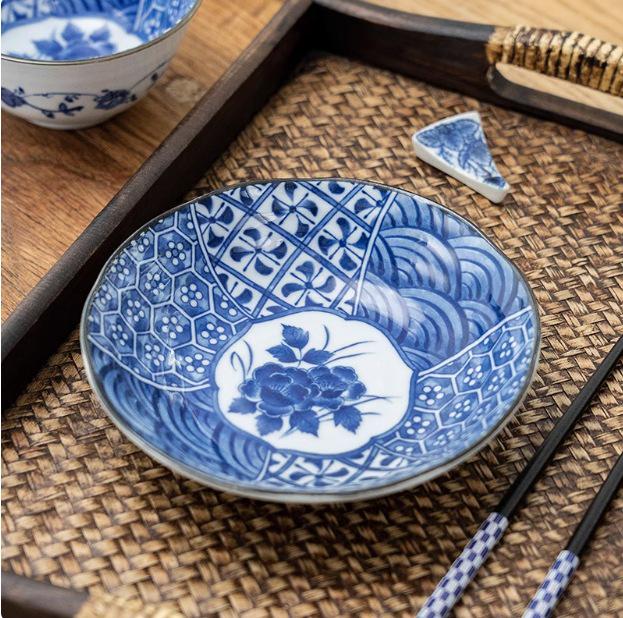 Retro Blue & White Japanese-Style Porcelain Rice Bowl & Ceramic Plate Set