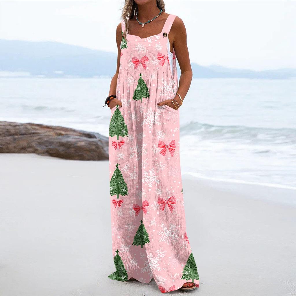 Women's Christmas Print Solid Wide Leg Strapless Tank Pocket Casual Onesie