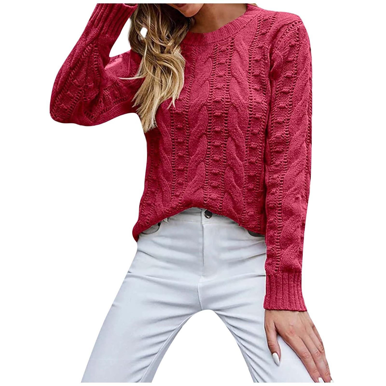 Женский однотонный пуловер с длинным рукавом и круглым вырезом — фото 5