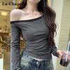 La Chapelle Damen Koreanischer Stil Schulterfrei Gestreiftes Langarm-T-Shirt
