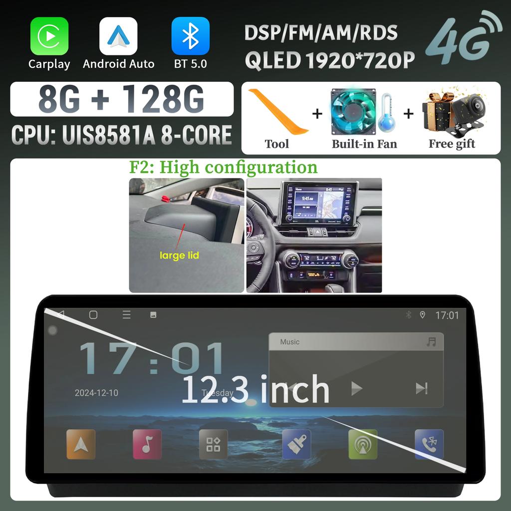 12.3inch Car Radio For Toyota RAV4 2020-2022 Multimedia Navigation Stereo 4G Wireless Bluetooth Carplay Touch Head Unit Screen
