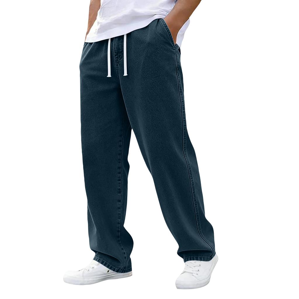 Men's Casual Denim Pants Elastic Waistband with Drawstring Relaxed Fit Straight Leg Jeans Suitable for Everyday Wear
